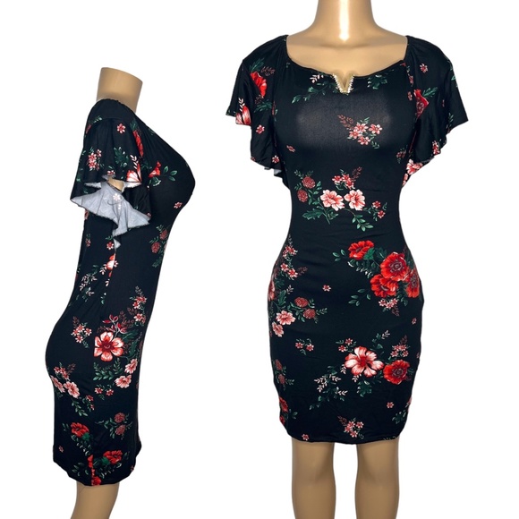 NWT True Size M and L Stretchy Black Floral Women Dress Stretchy and soft dress - Picture 1 of 6